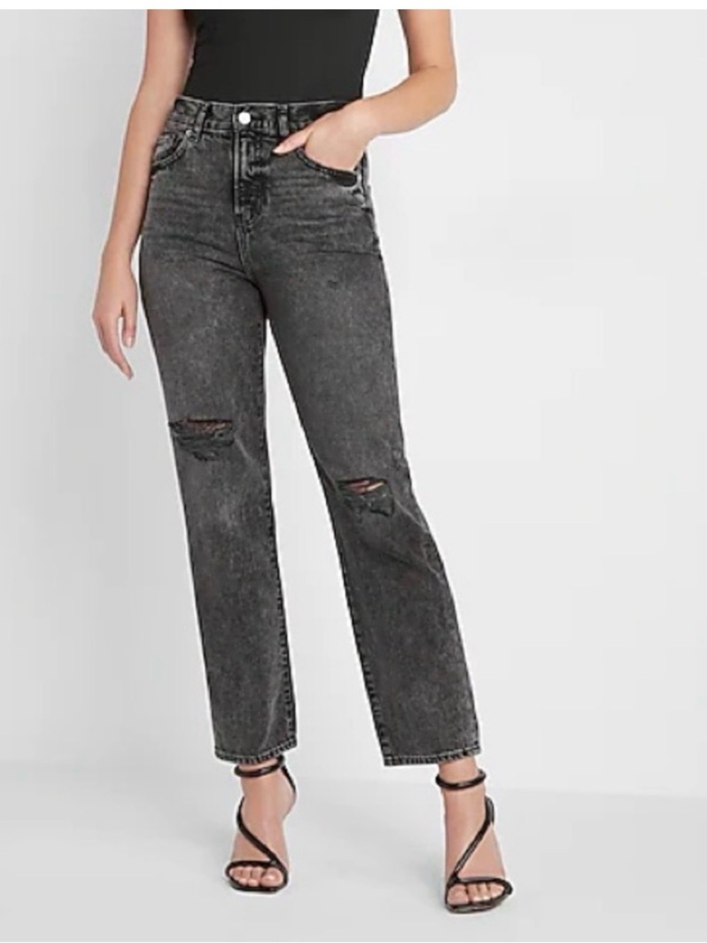 Express Women's Straight Ankle High Rise Distressed Jeans Black Wash